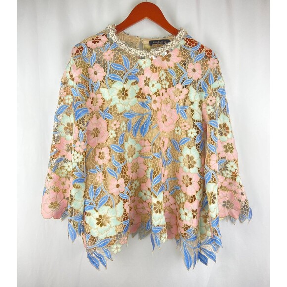 NWT Rich Radi Q's Womens Small Custom Guipure Lace Floral Top Pink Blue Elegant - Picture 4 of 16